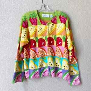 Vtg Jane Gordon Y2K Colorful Beaded Sequin Fruit Pattern Cardigan Sweater Large